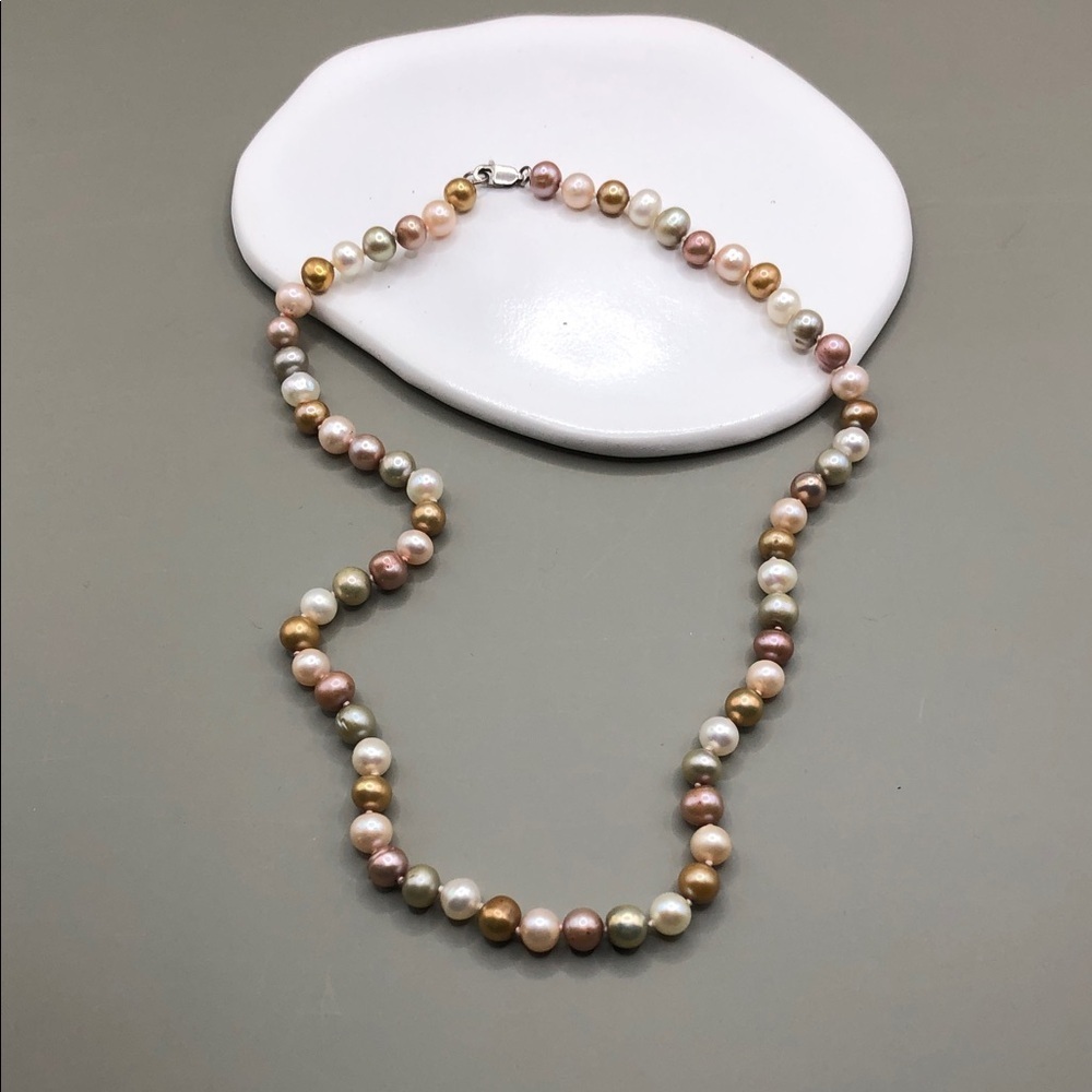 Genuine cultured freshwater pearls collar necklace sterling silver clasp boho.